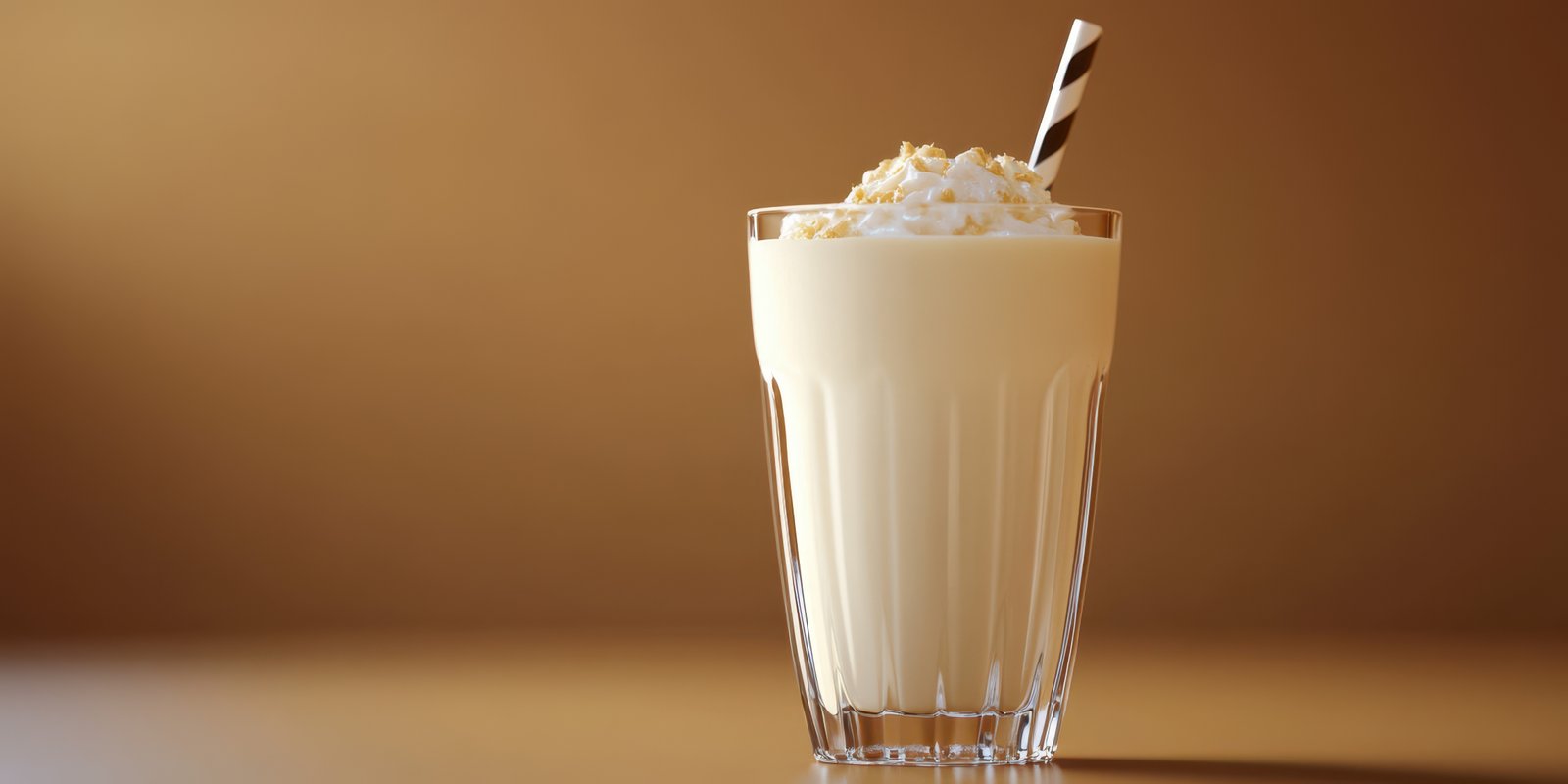 Creamy vanilla milkshake topped with whipped cream and a striped straw in a clear glass on a warm background